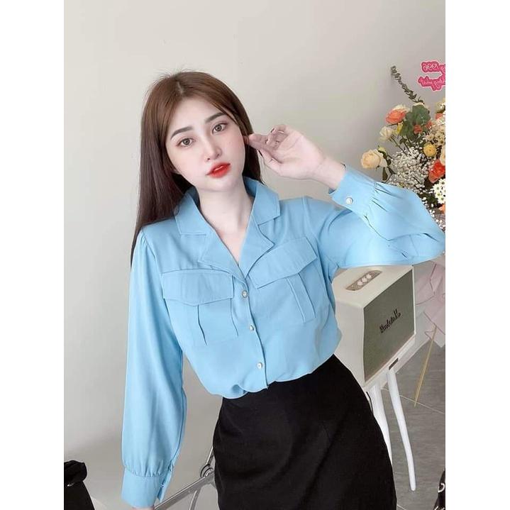 Áo sơ mi nữ thời trang công sở SURI lụa màu xanh dài tay, 2 chiếc túi trước ngực - XANH2TUI