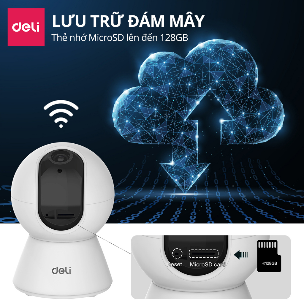 Camera Wifi IP DELI Full HD 2M Xoay 360 Độ Giám Sát Gia Đình, Văn Phòng, Điều Khiển Từ App Kèm Thẻ Nhớ 128GB - Hàng Chính Hãng - ES105