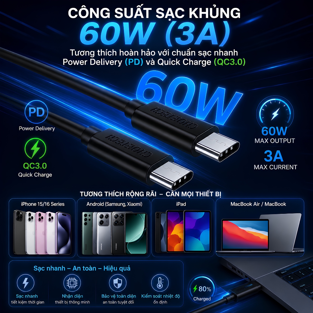 Dây cáp sạc nhanh PD QC 3.0 60W USB-C to Type-C Choetech Công nghệ HyperCharge C-Series -  - tiêu chuẩn CE, FCC, RoHS, 480Mbps | CHIP E-MARKER THÔNG MINH - Hàng nhập khẩu