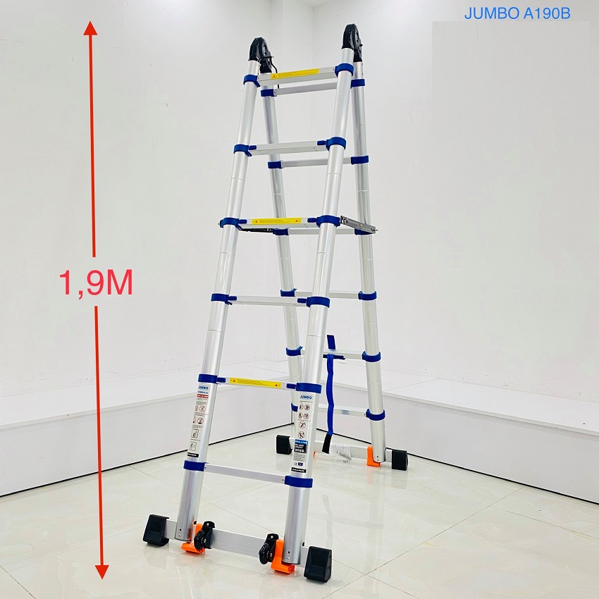 Thang Nhôm Rút Chữ A JUMBO A190B - Đai xanh, chữ A cao 1.9m, chữ I cao 3.8m, tải trọng 300kg  8 đế cao su chống trượt, có bánh xe kéo, khóa chốt cao cấp, bậc thang thiết kế chống trượt, thanh giằng giữa 2 bên thang - Luôn Có Phụ Kiện Thay Thế