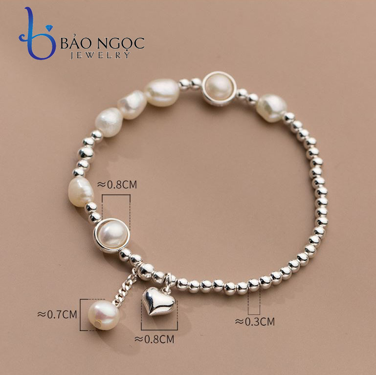 Lắc Tay Bạc Nữ Hình Trái Tim, Lắc Ngọc Trai Nữ Gắn Charm Bạc Độc Đáo, Vòng Tay Bạc Nữ Gắn Charm Xinh Xắn - LT2813.BNT2812 - Bảo Ngọc Jewelry
