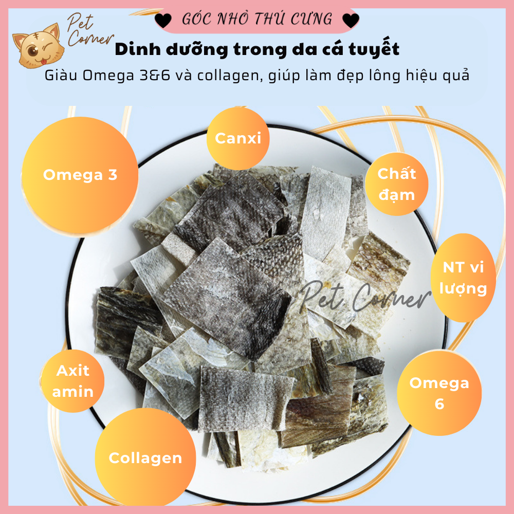 Snack da cá tuyết sấy khô cho chó mèo, làm sạch răng, loại bỏ mùi hôi miệng, cải thiện da lông