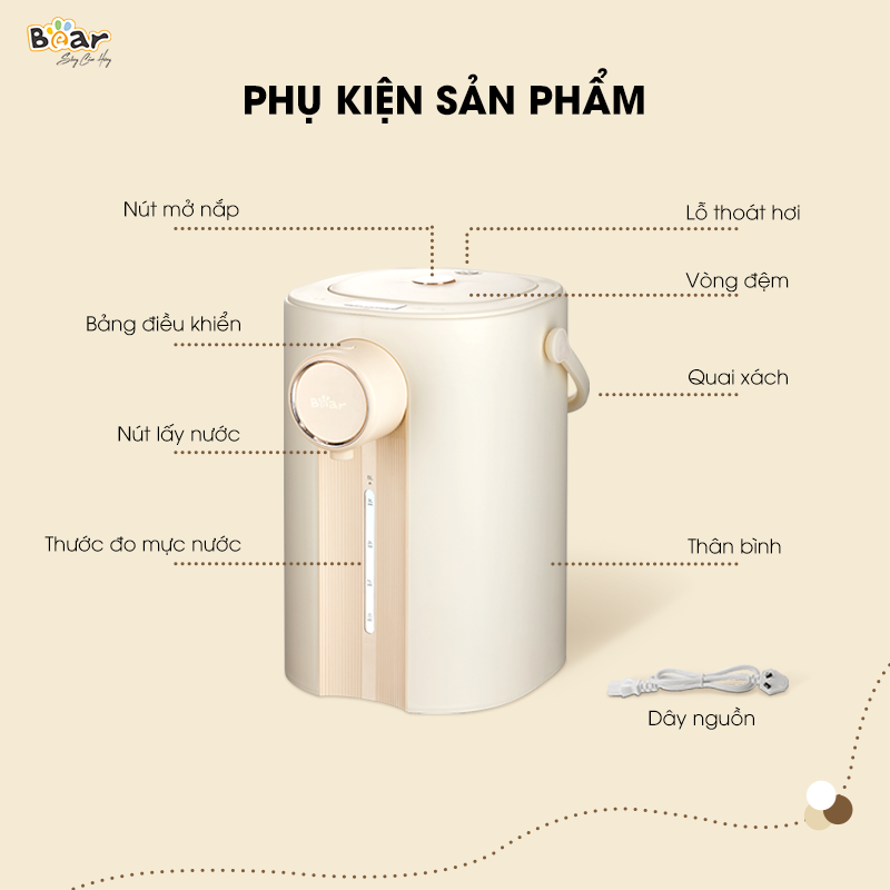 Bình Thủy Điện Đun Nước Nóng Bear 5L Đun Sôi Siêu Nhanh Khử Clo 11 Mức Nhiệt Có Đèn Dịu Nhẹ Ban Đêm SB-BTD5L HÀNG CHÍNH HÃNG