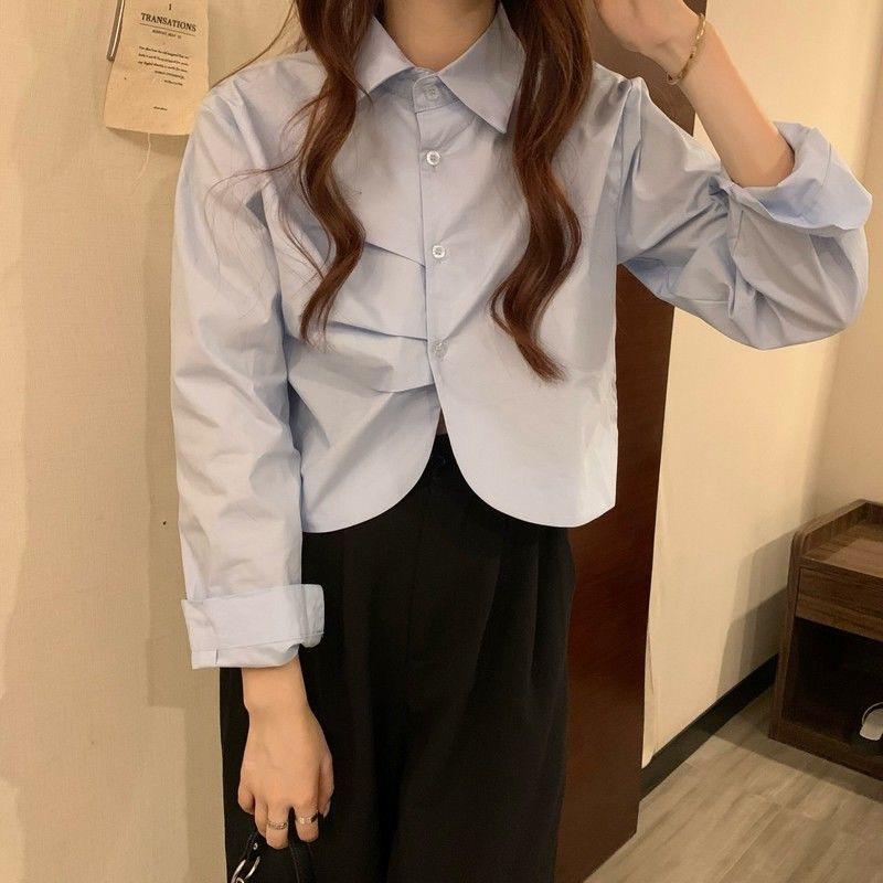 Áo sơ mi nữ dáng ngắn xếp ly ngực