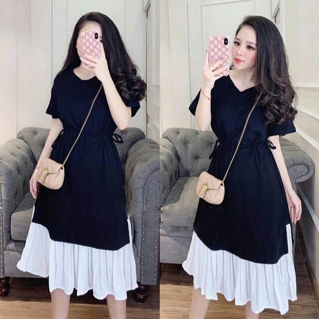 Váy bầu công sở - đầm bầu mùa hè màu đỏ đuôi cá cổ tàu váy sau sinh cho con ti