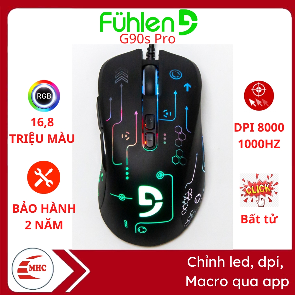 Chuột gaming Fuhlen G90s Pro RGB, DPI 8000, App chỉnh led RGB, macro, 7 nút bấm- Hàng nhập khẩu