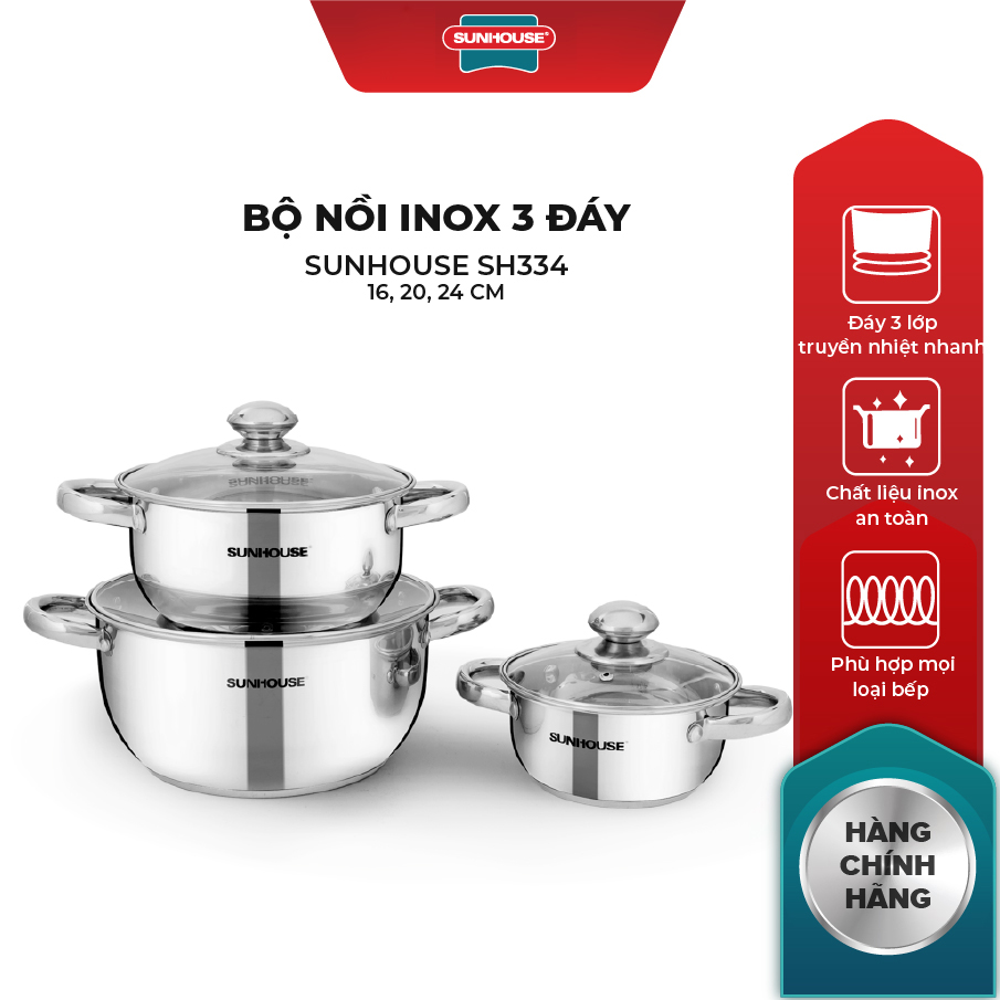 Bộ Nồi Inox 3 Đáy Sunhouse SH334