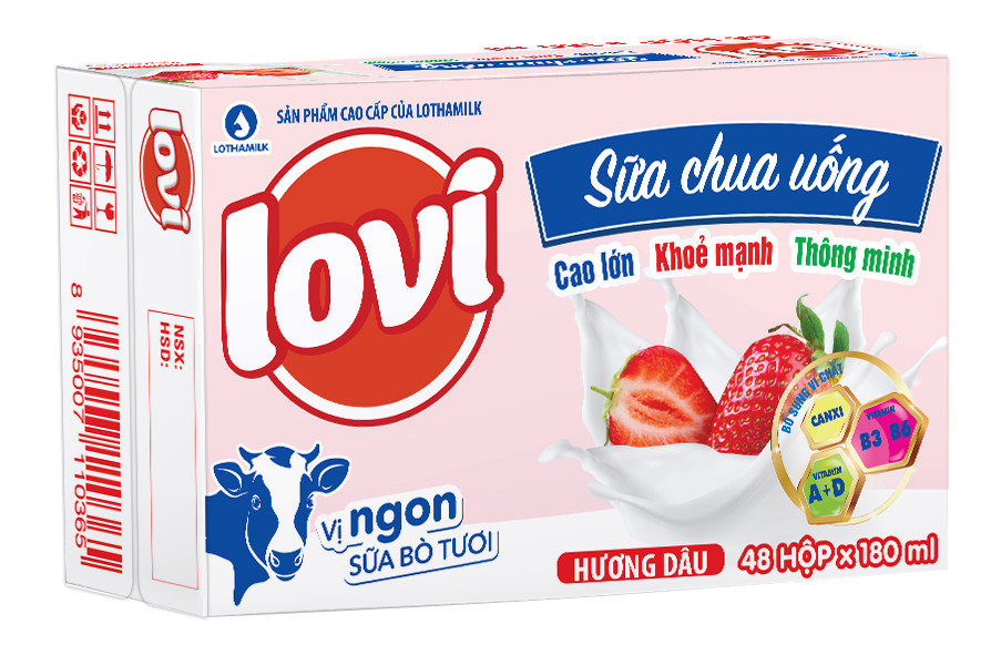 Thùng Sữa tươi tiệt trùng Lovi dâu hộp 180ml (4 hộp x 12 lốc)