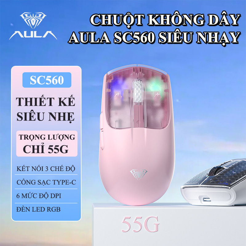 Chuột không dây AULA SC560 kết nối 3 chế độ trọng lượng siêu nhẹ 55g có đèn led RGB với 6 mức độ nhạy lên đến 10000DPI - Hàng Chính Hãng