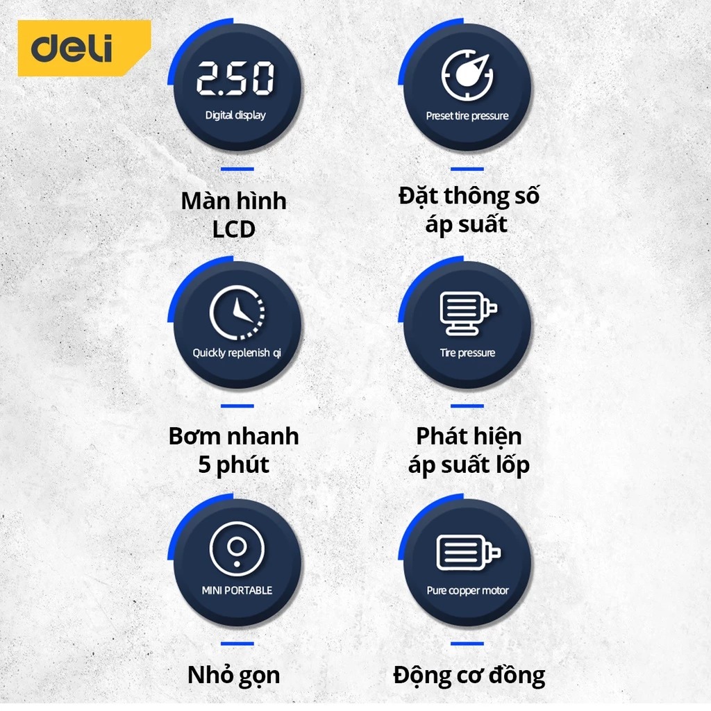 Máy Bơm Lốp Xe Ô Tô Deli Chính Hãng - Bơm Nhanh, Phát Hiện Áp Suất Lốp Thời Gian Thực, Màn Hình LCD - Nhỏ Gọn - DL880180