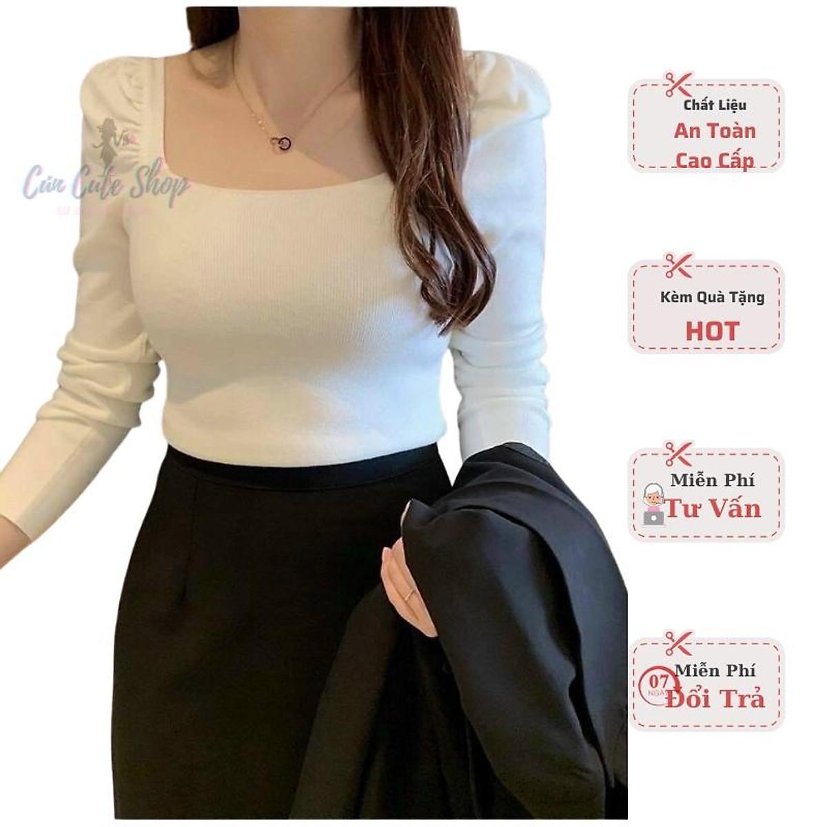 Áo Thun Nữ Dệt Kim Dài Tay Cổ Vuông Tay Phồng Nhẹ Nhành Cho Nữ Dưới 55Kg Kiểu Dáng Thời Trang