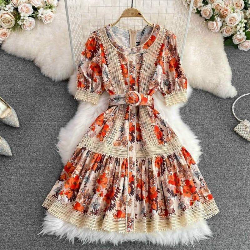 HÀNG NHẬP - ĐẦM XÒE LỤA HOA PHỐI REN