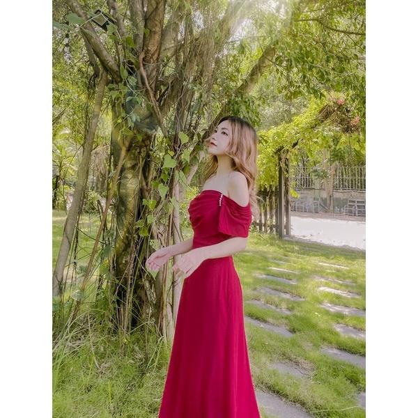 Sandra Dress | Đầm trễ vai xếp ly phối ngọc Story.clothes thời trang nữ