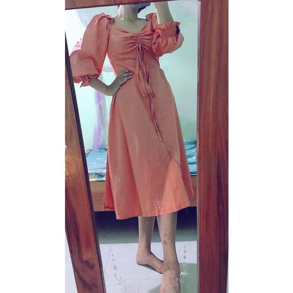X2 Đầm vàng dự tiệc nhúng ngực tay dài váy xòe cổ tim dịu dàng đi chơi đi làm 3 màu