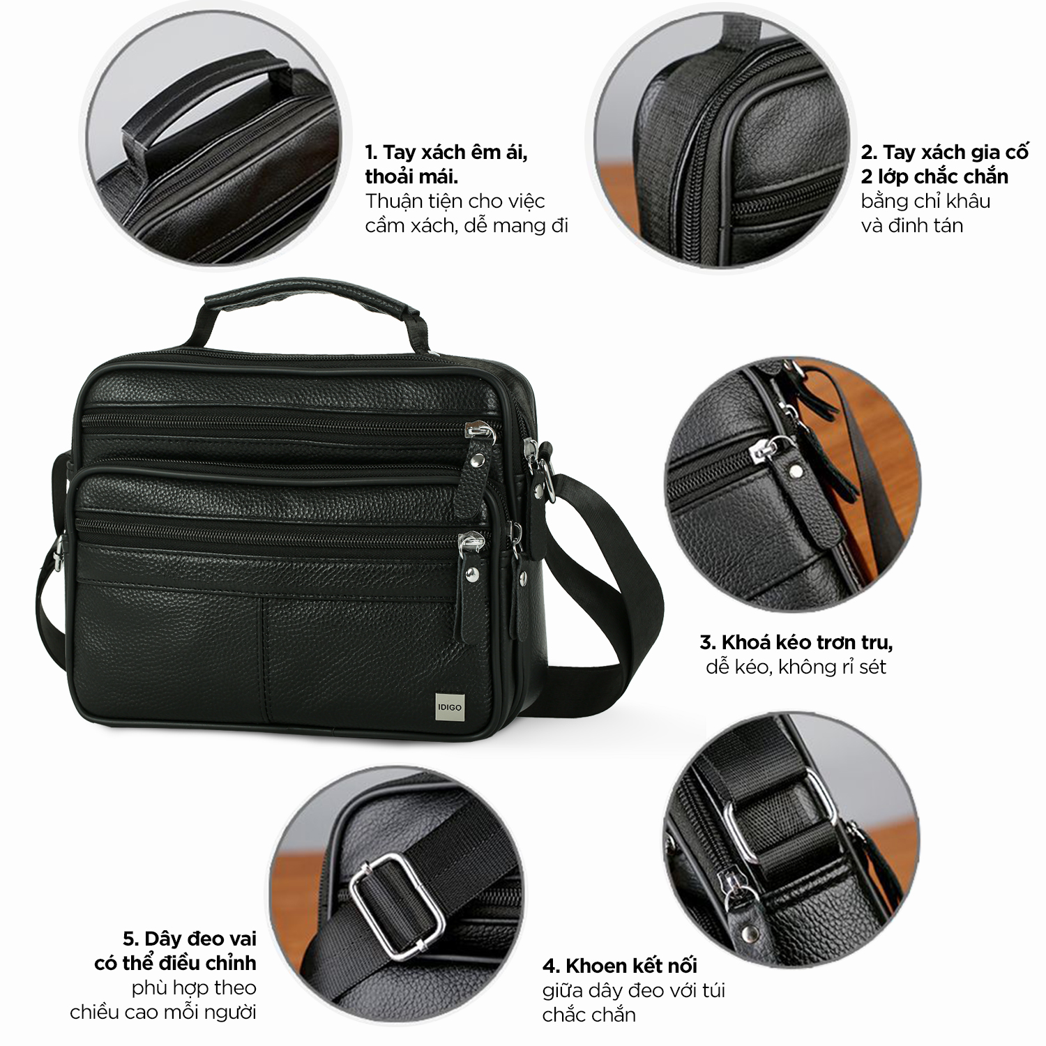 Túi xách nam công sở da thật, túi đeo chéo du lịch đựng máy tính bảng 7.9 inch phom ngang IDIGO MB1 - 6020