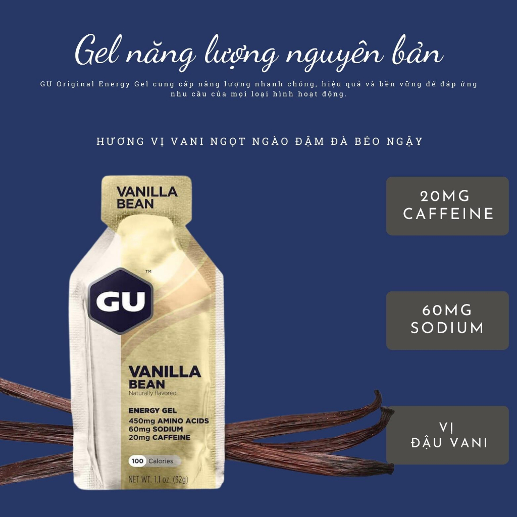 (Combo 3 Gói) Gu Gel Energy Vị Vanilla Bean - Gel Năng Lượng Hỗ Trợ Đạp Xe Chạy Bộ