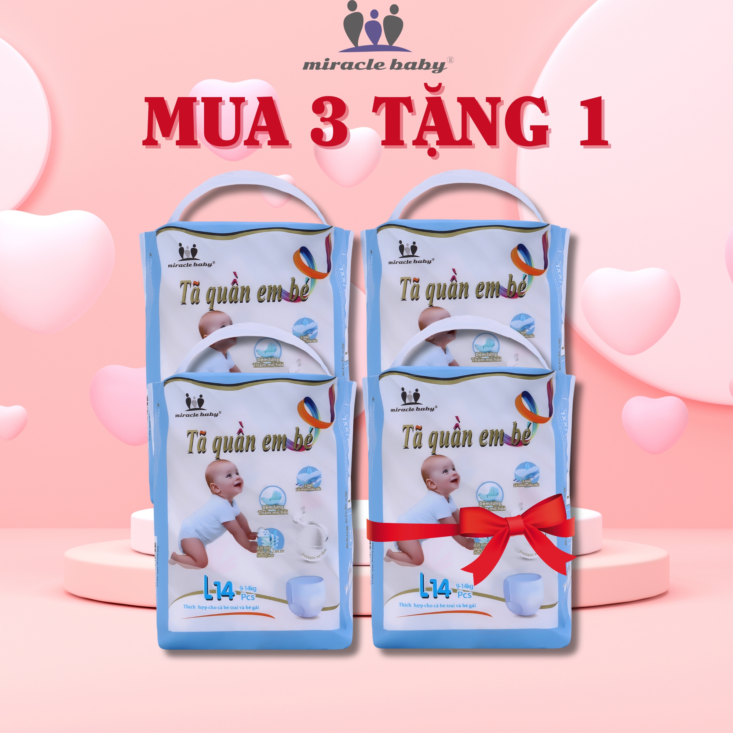 [COMBO MUA 3 TẶNG 1 ] Tã quần / Bỉm quần cho bé từ 6kg trở lên thương hiệu Miracle Baby , chất liêu tơ tằm mềm mại thông thoát làn da có 4 kích thước M16/L14/XL12/XXL10