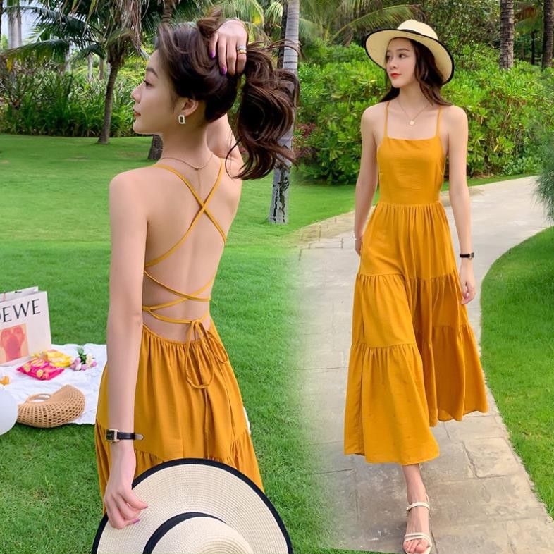 Maxi vàng hai dây đan lưng