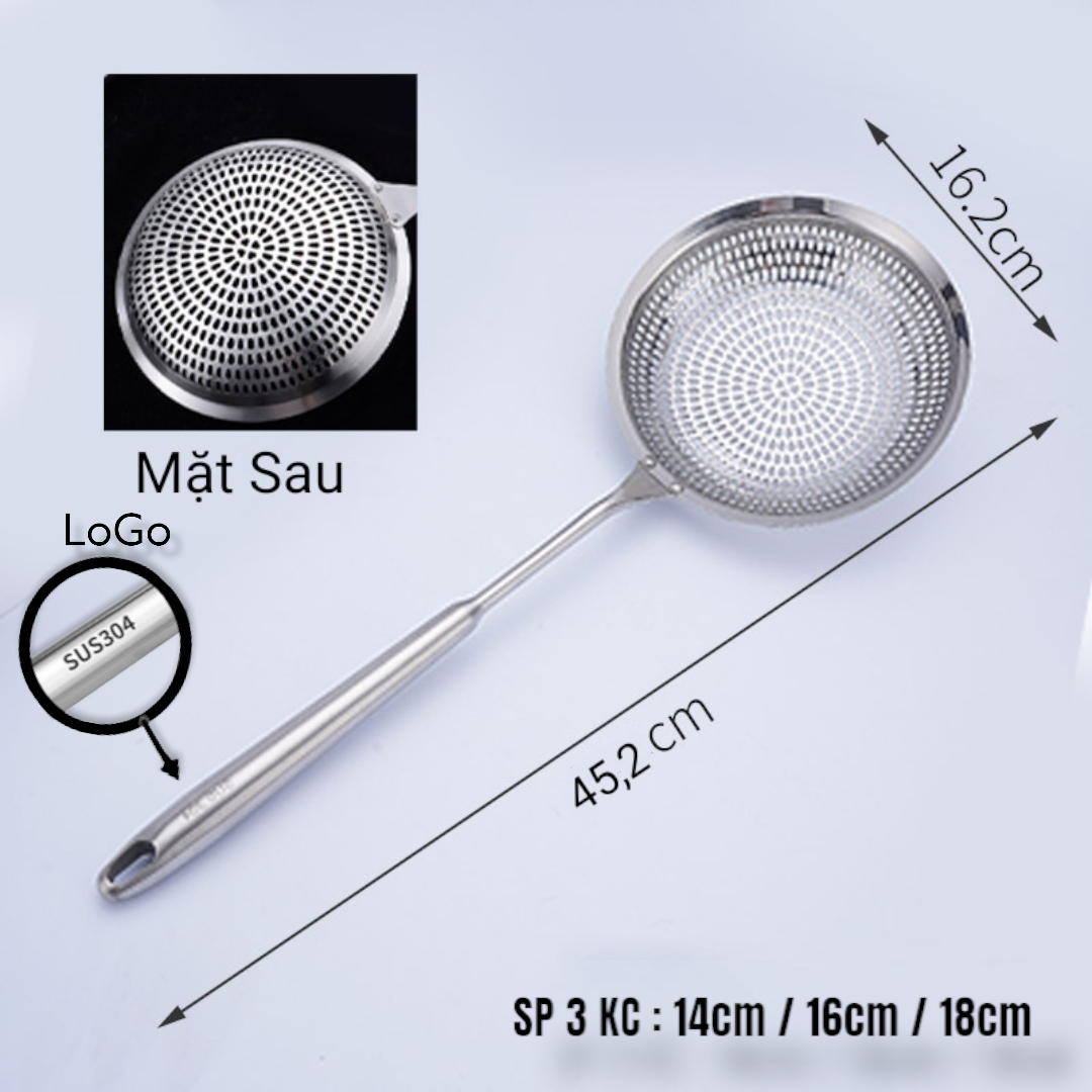 Vợt Lưới Đột Dập Rổ Lọc Thức Ăn Đa Chức Năng Cho Nhà Bếp Vá Sạn Vợt INOX SUS304 Cao Cấp - Có 3 kKích cỡ 14cm / 16cm / 18cm