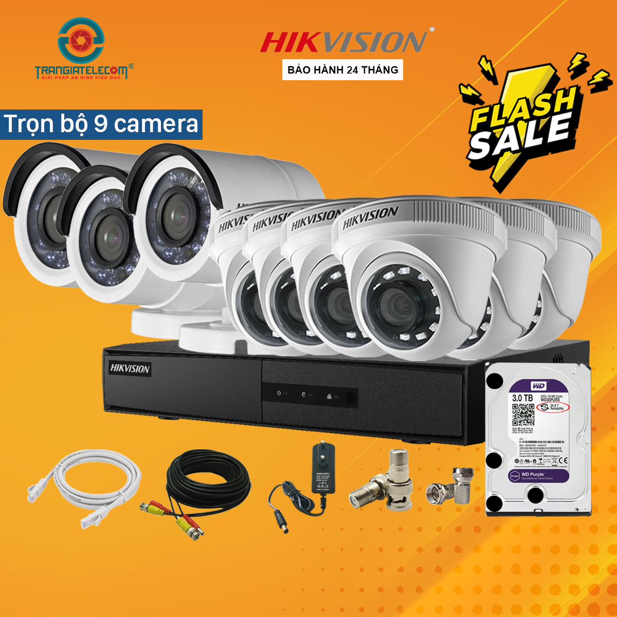 Trọn Bộ 9 Camera Đầy Đủ Phụ Kiện Hikvision 2.0MP Full HD - Hàng Chính Hãng