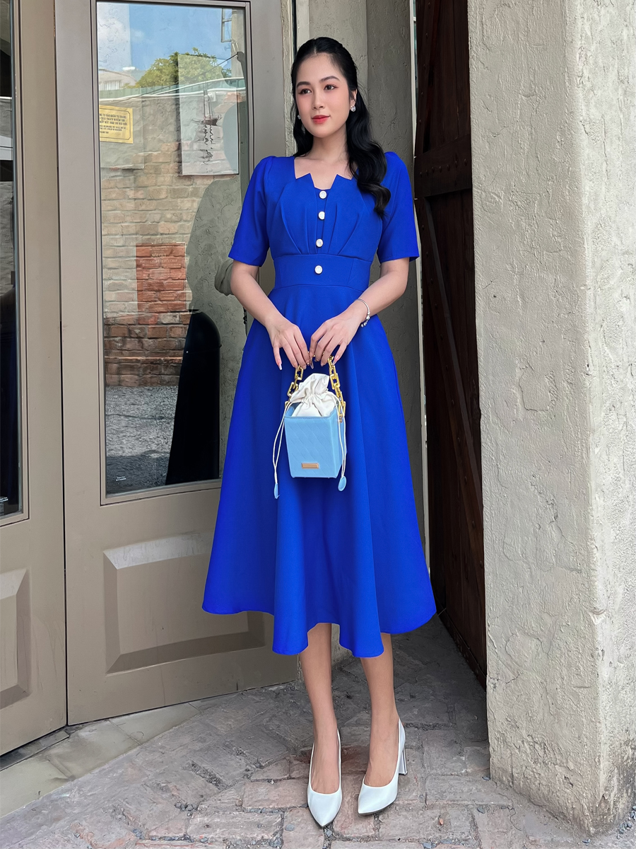 [HCM] MS075 Đầm xòe phối nút cách điệu cho cô nàng thêm xinh  - Khánh Linh Style