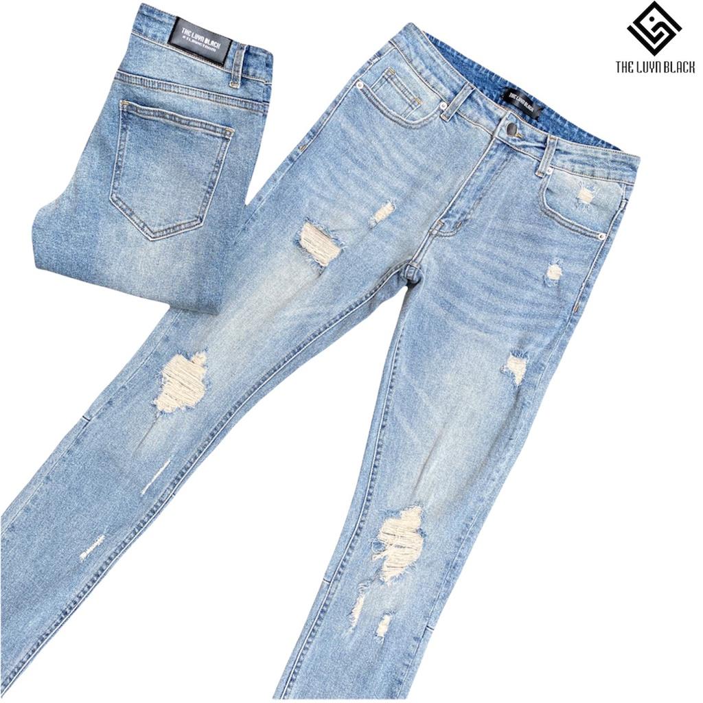 Quần Jean Nam The Luyn Black Phong Cách Streetwear Rách Gối Màu Xanh Nhạt Đơn Giản Dễ Phối Đồ