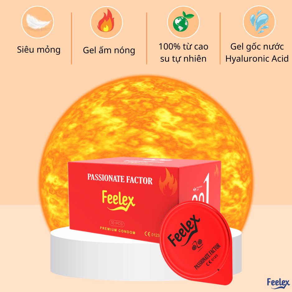 Bao cao su nam Feelex Passionate Factor mỏng, nhiều gel bôi trơn, ấm nóng truyền nhiệt - Hộp 10 bcs