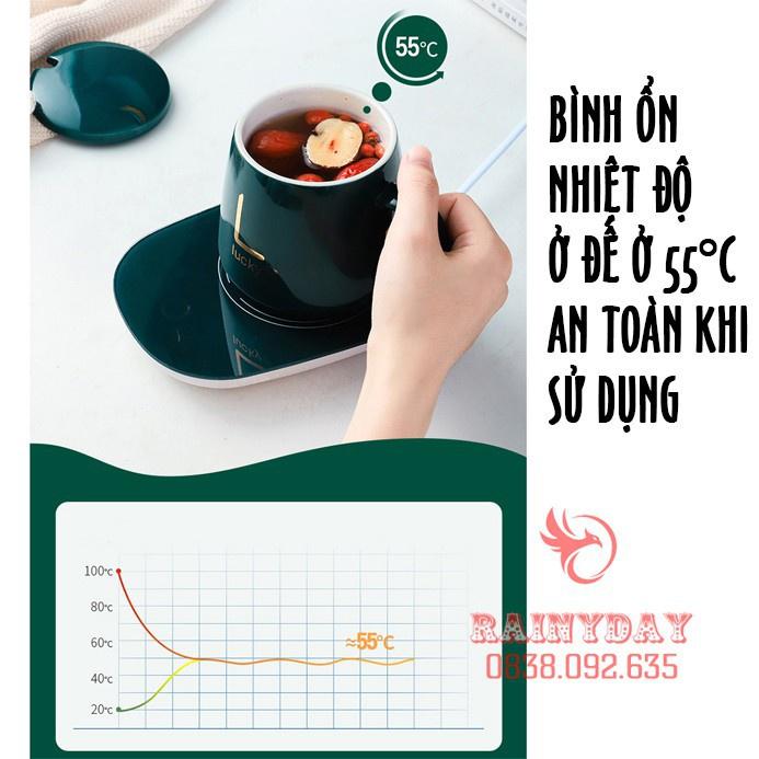 Đế máy hâm nóng đồ uống cà phê sữa cafe trà 55 độ cổng usb thông minh mini kèm cốc sứ thìa hộp