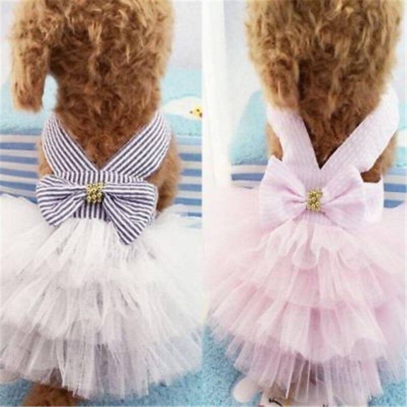 New Puppy Tutu Dress Bowknot Net Gauze Stripe Print Princess Apparel Clothes for Dog and Cat Dog Dresses