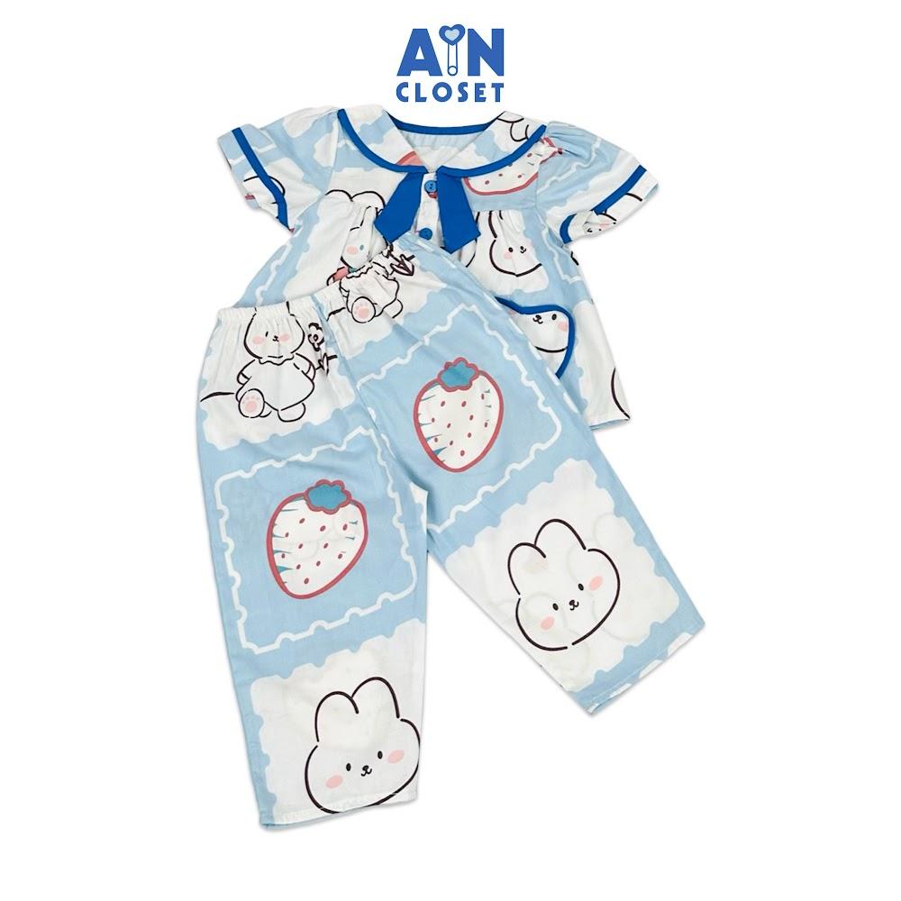 Bộ quần áo Dài tay ngắn bé gái họa tiết Thỏ Nơ Xanh Dương cotton - AICDBGQNDJX4 - AIN Closet