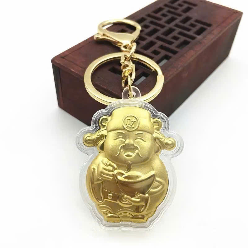 Móc Khóa Thần Tài Mạ Vàng Kèm Túi Nhung Đỏ May Mắn Tài Lộc