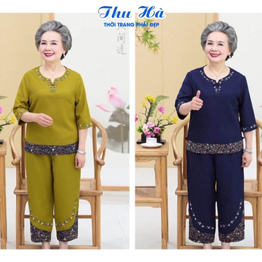 Đồ bộ mặc nhà tay lỡ cho mẹ quần áo trung niên Thu Hà họa tiết thêu hoa chất liệu cotton co giãn form thoải mái ĐBH.21