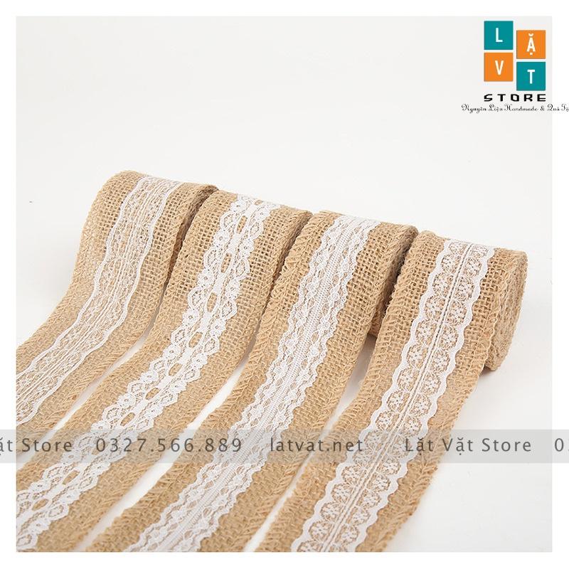 Ruy băng vải bố có ren trắng DIY trang trí, handmade, tiệc cưới, Giáng sinh làm từ sợi đay, ribbon Decor