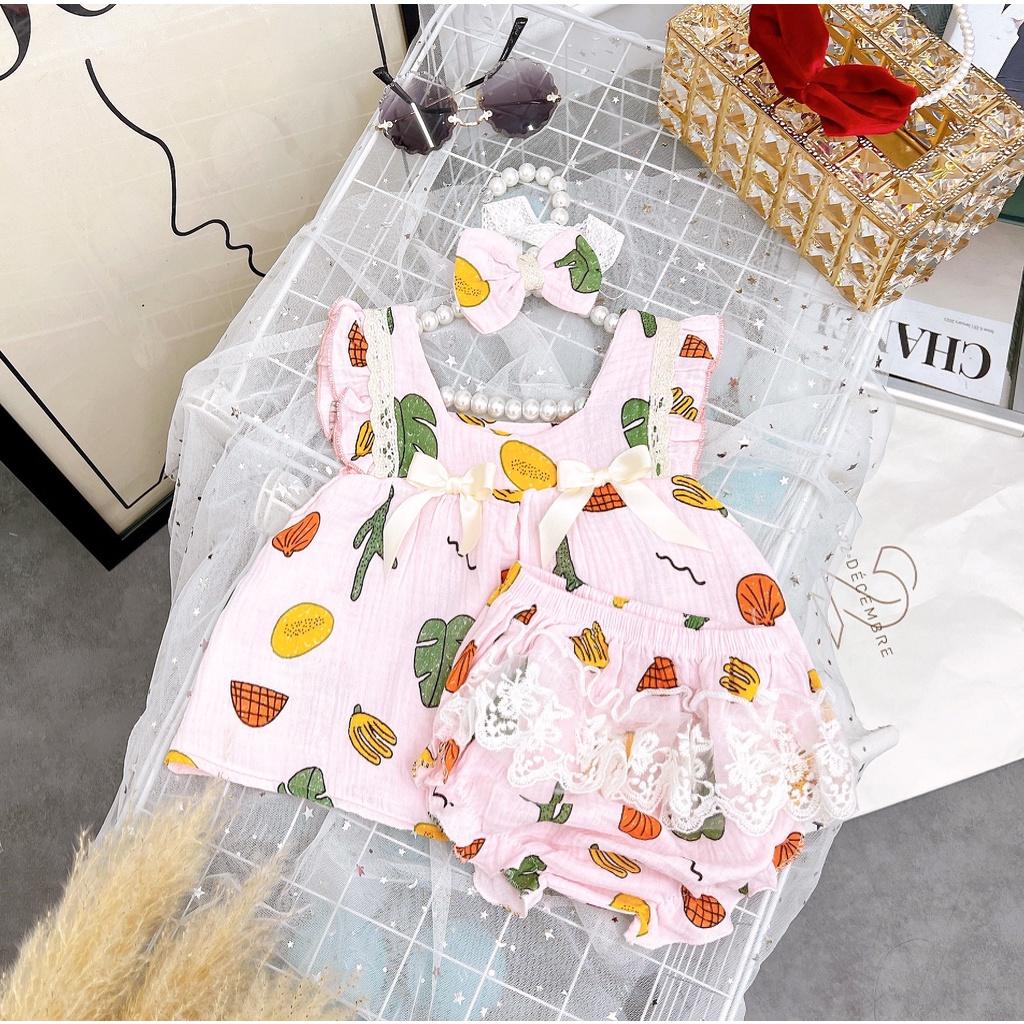 Set Bộ Bé Gái Đáng Yêu Xô Muslin Hàn Kèm Turban Xinh Xắn