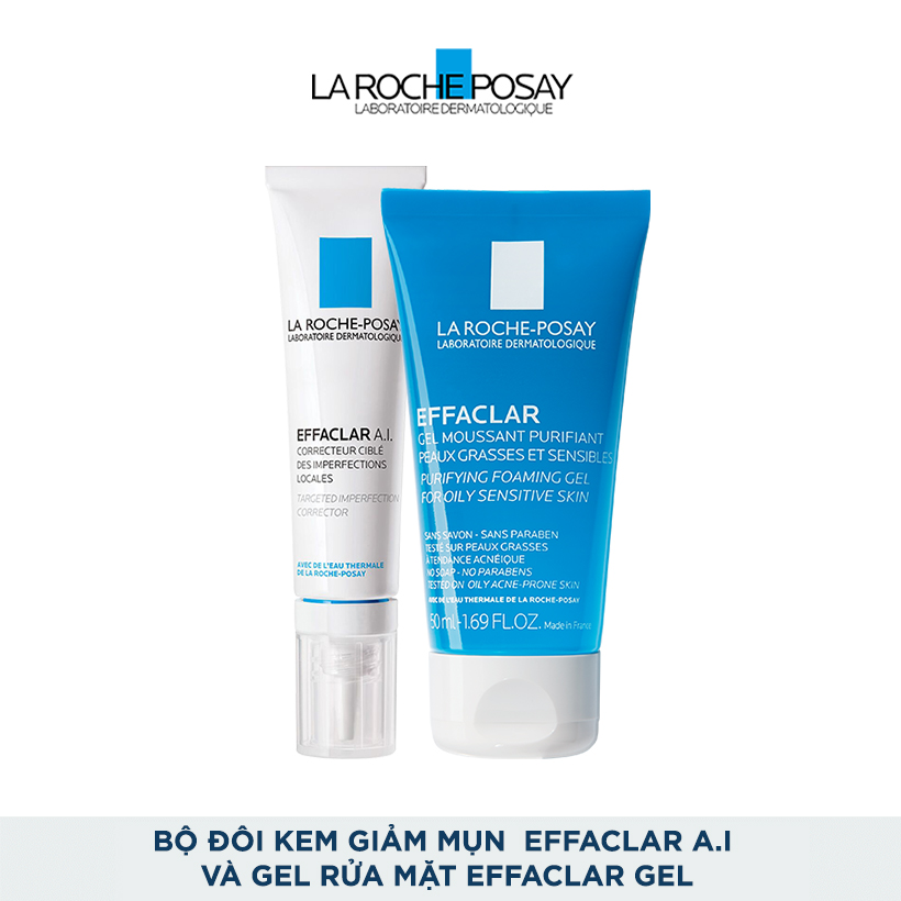 Bộ đôi kem giảm mụn chuyên biệt La Roche Posay Effaclar A.I 15ml và Gel rửa mặt dành cho da dầu mụn Effaclar Gel 50ml