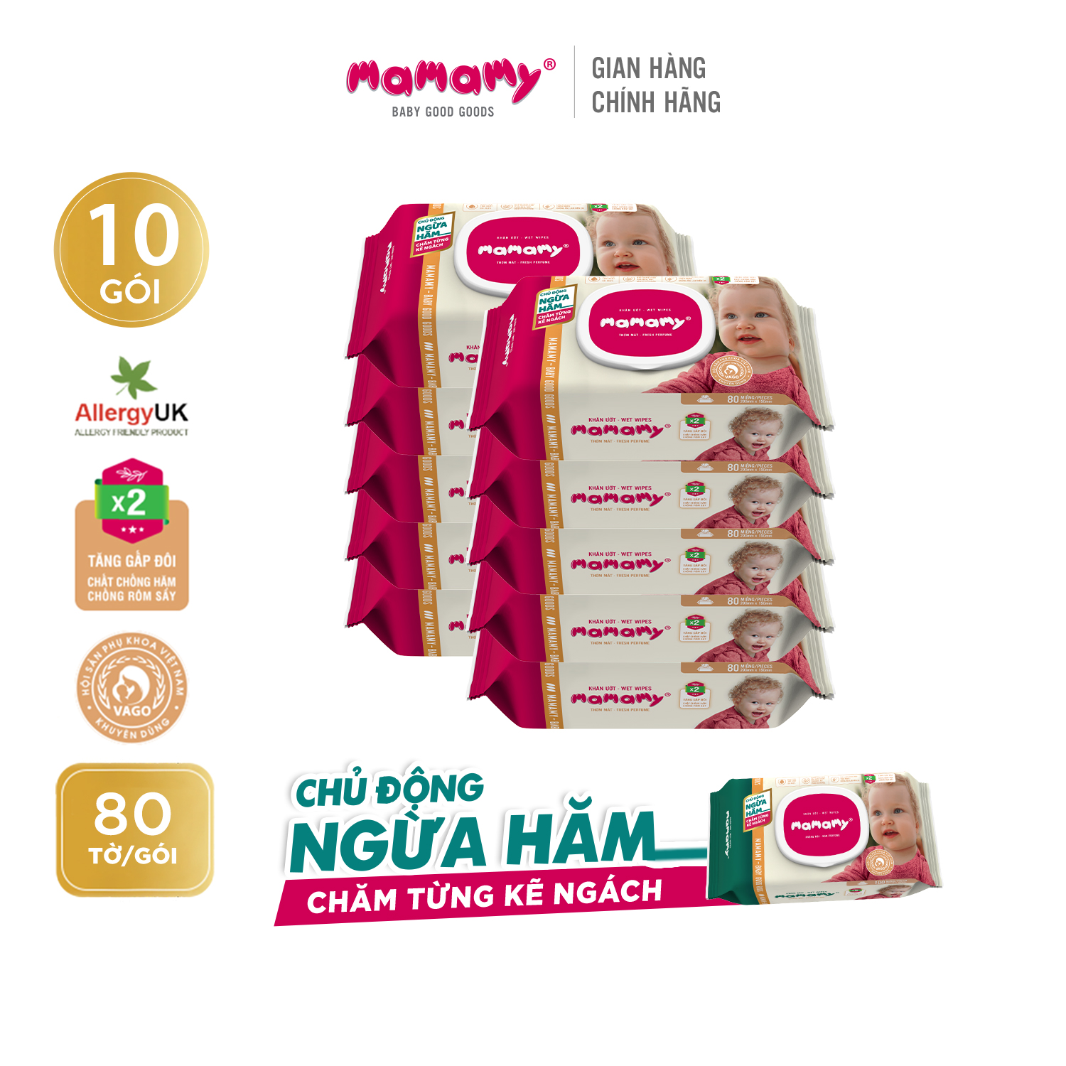 Combo 10 gói khăn ướt Mamamy ngừa hăm, rôm sảy 80 tờ/ gói, có nắp, hương thơm mát, an toàn cho trẻ sơ sinh