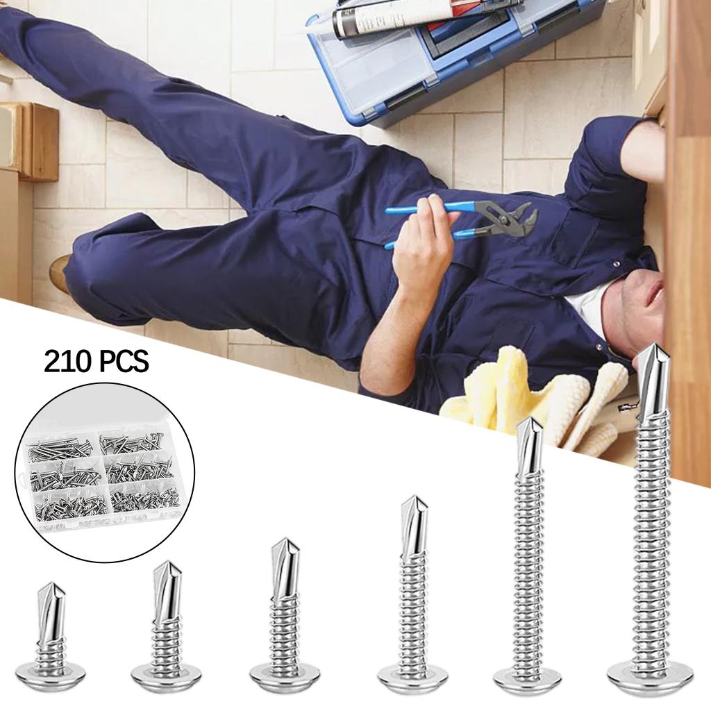 210pcs Self-Drilling Screws Kits 6 Sizes Phillips Head 13 19 25 32 38 50mm Screw Set Nail for Wood Home Garages Repair Tool
