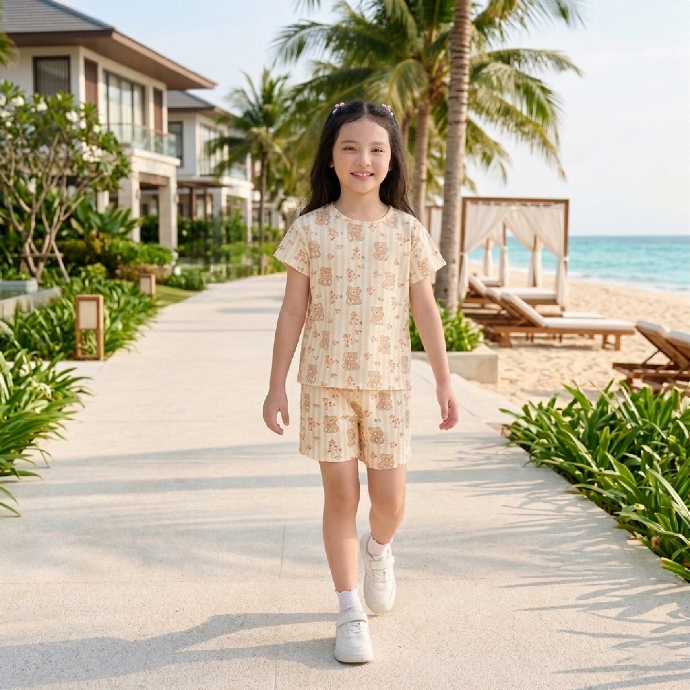 Bộ quần áo bé gái Bigfox Miss Meow mặc nhà mùa hè vải cotton in gấu hoa size đại trẻ em 3-11 tuổi