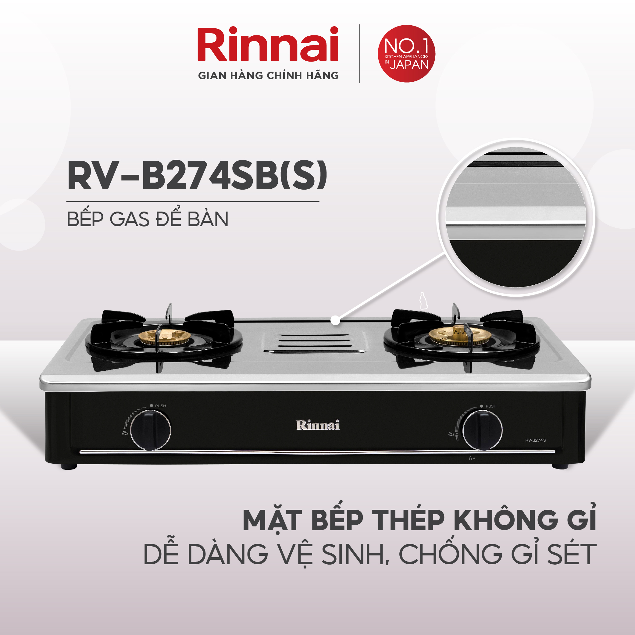 Bếp gas dương Rinnai RV-B274SB(S) mặt bếp inox và kiềng bếp men - Hàng chính hãng.