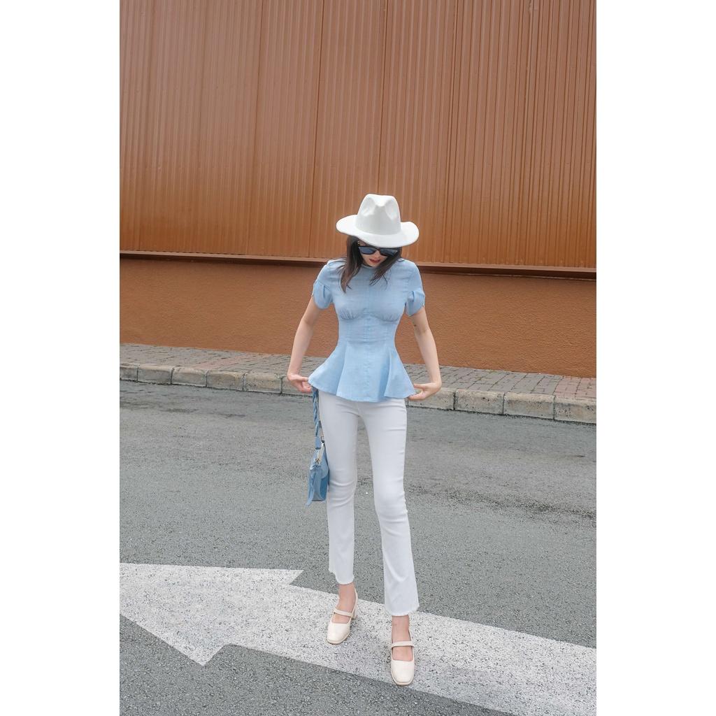 Áo peplum nhún chân ngực ODS tay ngắn cổ tròn