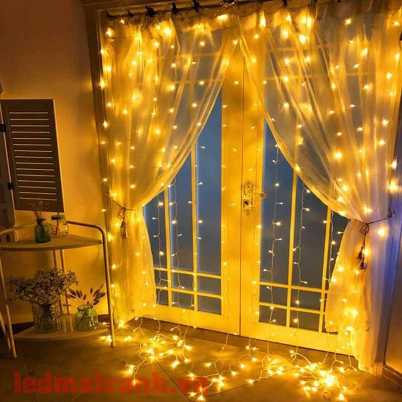 Đèn Rèm mành 3x3m 10 Dây Thả, Đèn Led Rèm Mưa Màu Vàng Ấm Trang Trí Background