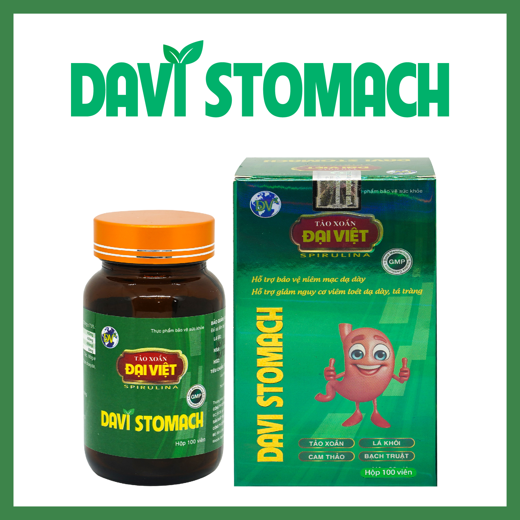 Tảo xoắn Đại Việt Thực phẩm bảo vệ sức khỏe Davi Stomach Viên uống Spirulina cao cấp Hỗ trợ bảo vệ niêm mạc dạ dày DV28