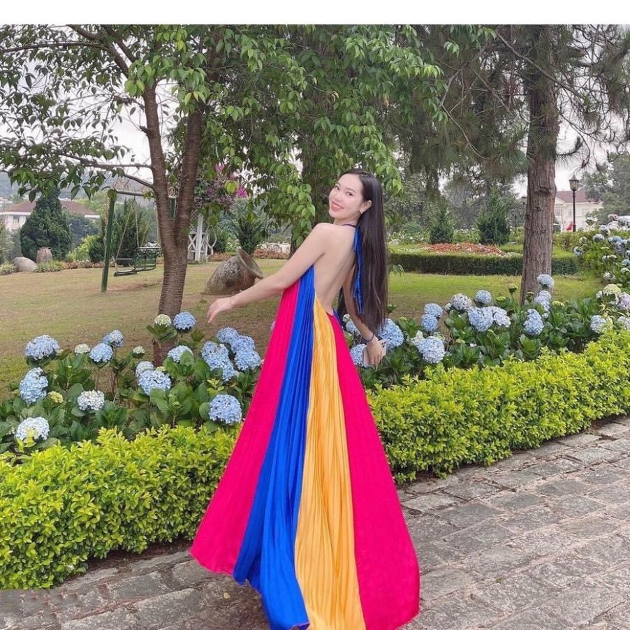 Đầm váy maxi phi dập ly cổ yếm hở lưng suông dài loang màu Ivy.fashion đi biển dự tiệc dạo phố bigsize gợi cảm sexy