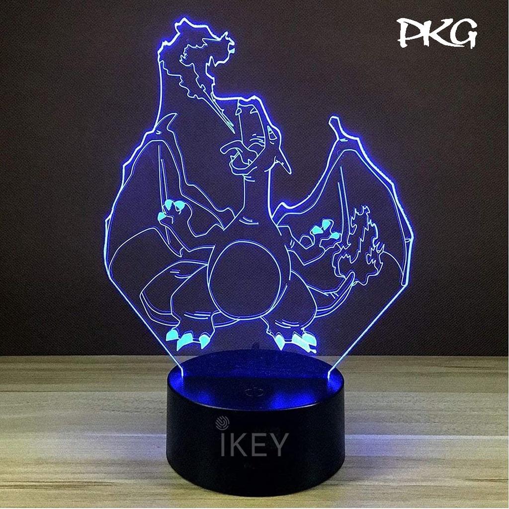 Đèn Ngủ Led 3D Hình Charizard Pokemon Quà Tặng Trang Trí cảm ứng có Điều khiển từ xa nháy sáng 16 màu