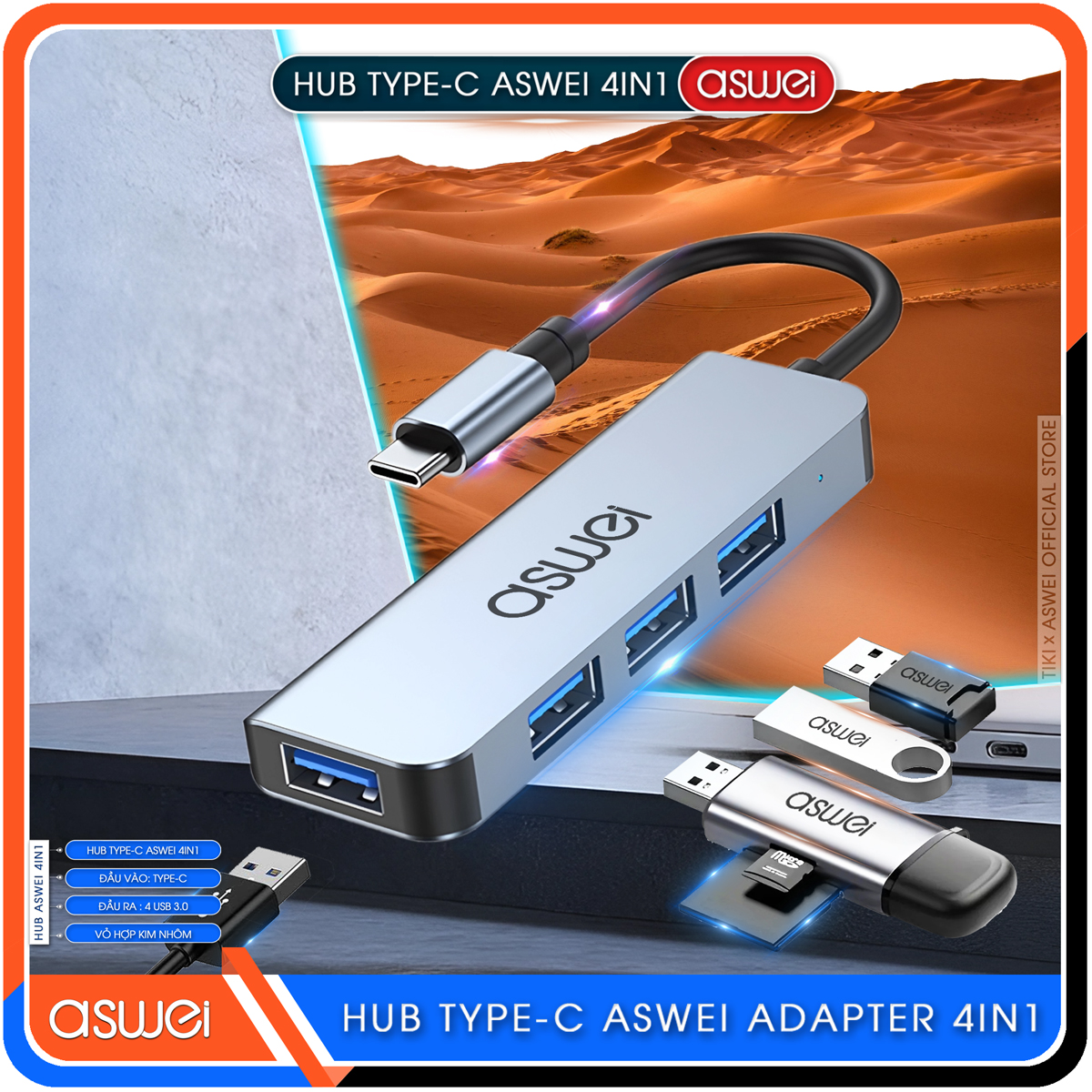 Hub Type C Và Hub USB 3.0 ASWEI 4 in 1 To 4 USB 3.0 - Hàng Chính Hãng