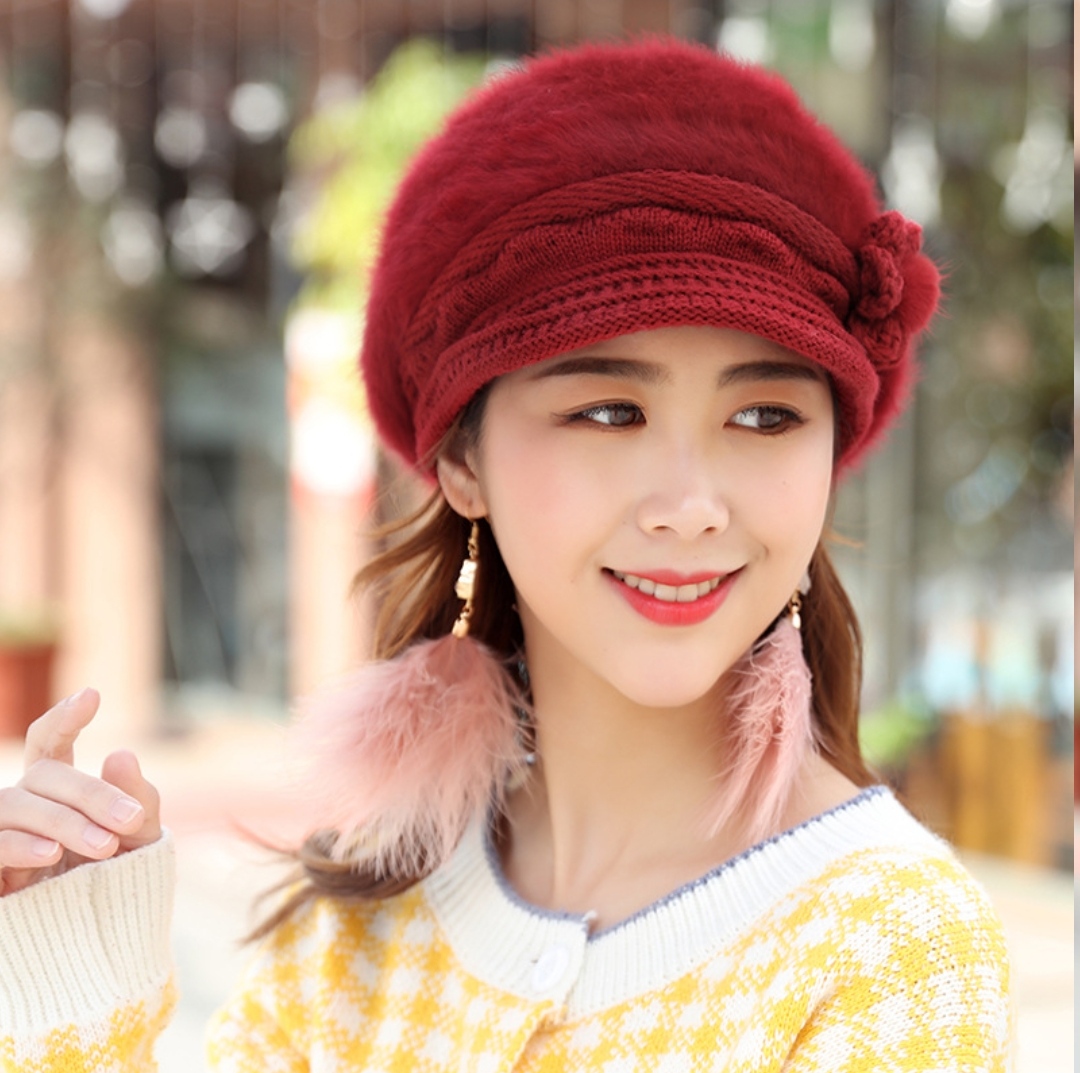 Mũ nón Len lông thỏ nữ 2 lớp lưỡi trai giữ ấm thu đông thời trang Hàn Quốc dona25112701