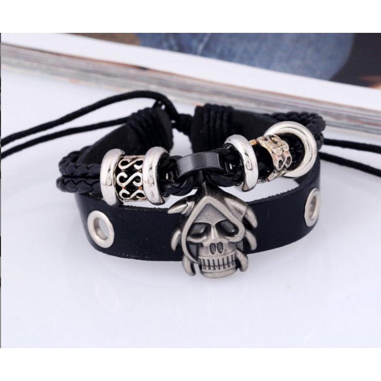 Vòng Đeo Tay Da Cá Tính Mạnh Mặt Skull Siêu Ngầu