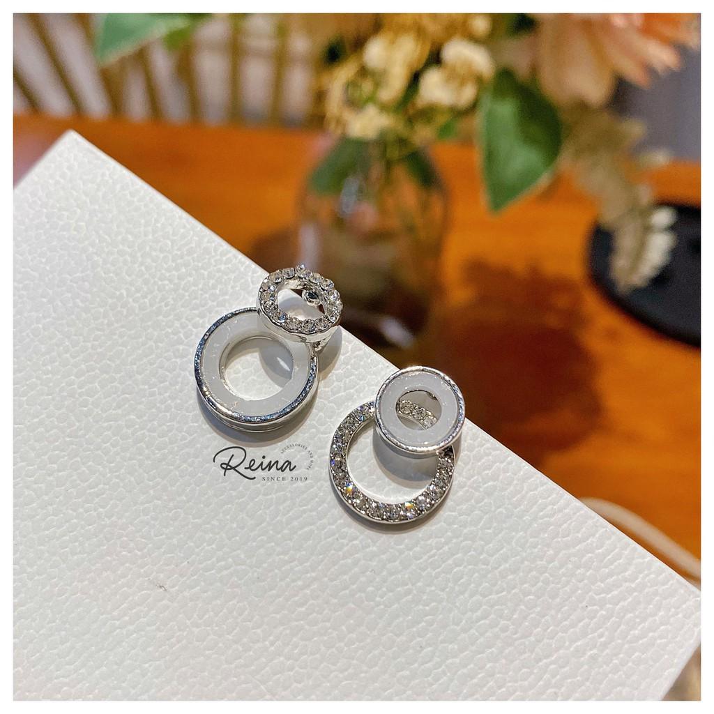 Khuyên tai nữ phong cách hàn quốc Zircon hình tròn bất đối xứng vàng ánh bạc Reina đính hạt cao cấp