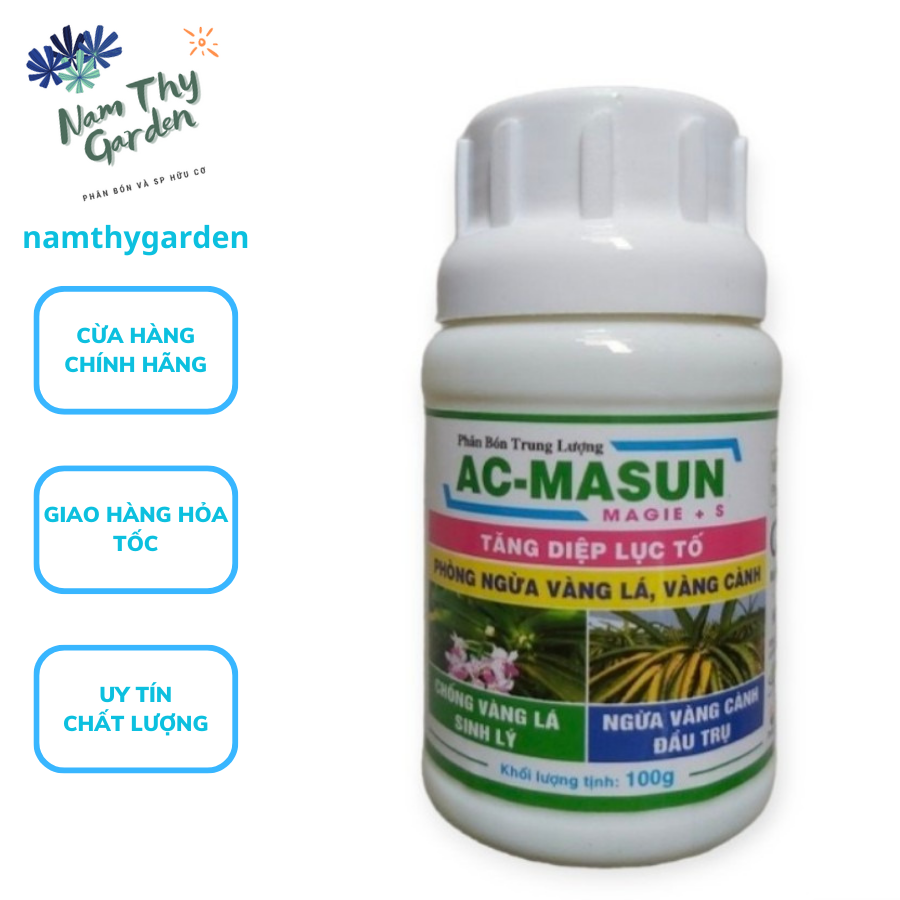 Phân bón Diệp Lục Tố AC Masun tốt cây đẹp lá- Phòng Ngừa vàng lá, vàng cành 100g, AC-MASUN