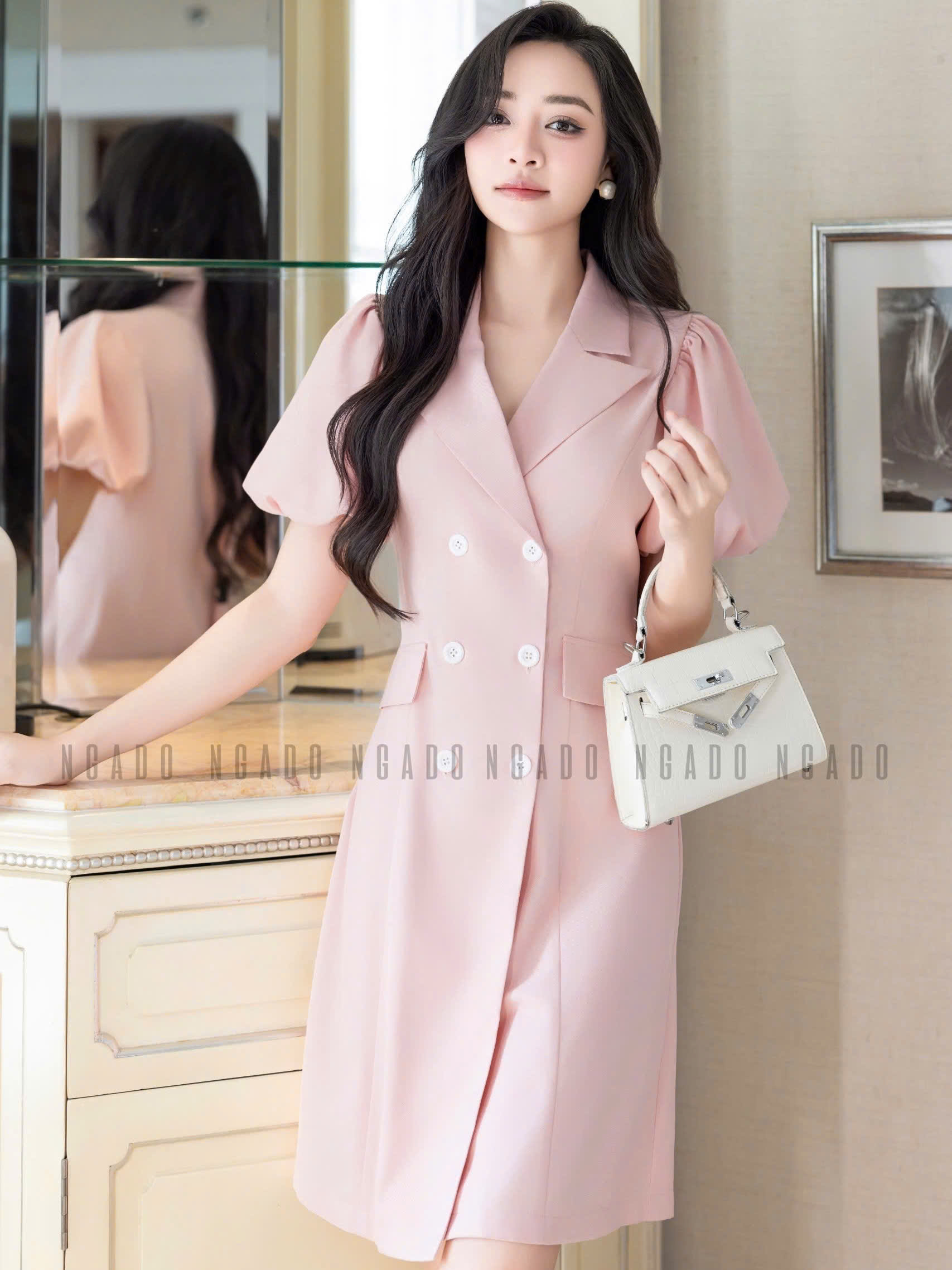 Đầm hồng cổ vest tay phồng NGADO , đầm thiết kế , đầm công sở , đầm dự tiệc